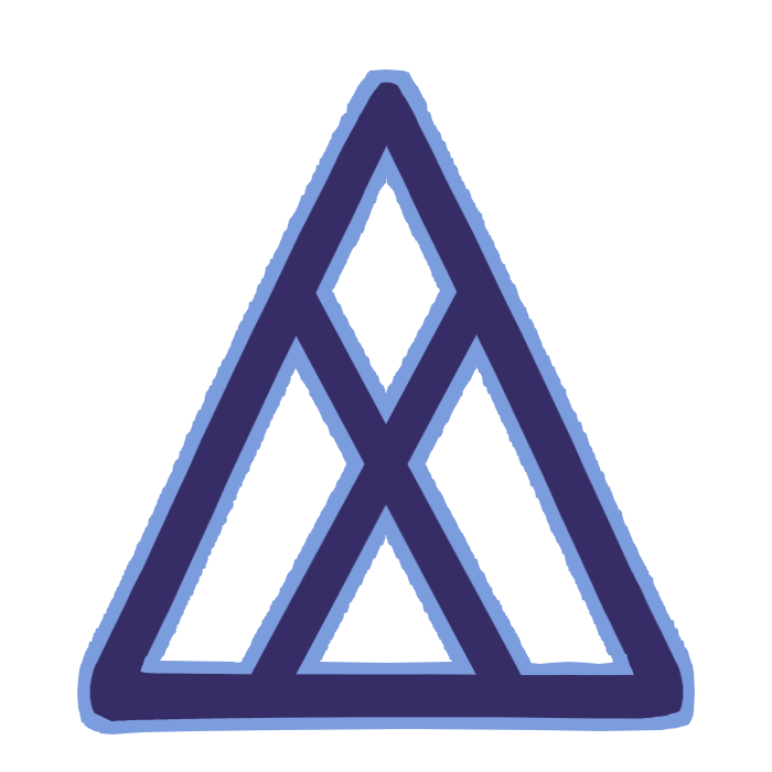 the sitelen pona glyph for the toki pona word 'pimeja,' which looks like an x within a triangle, colored in dark blue.